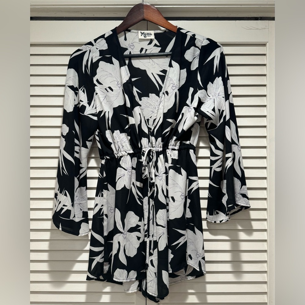 Show Me Your MuMu—“Roxy Romper,” S, Black/White, Floral, Drawstring Waist